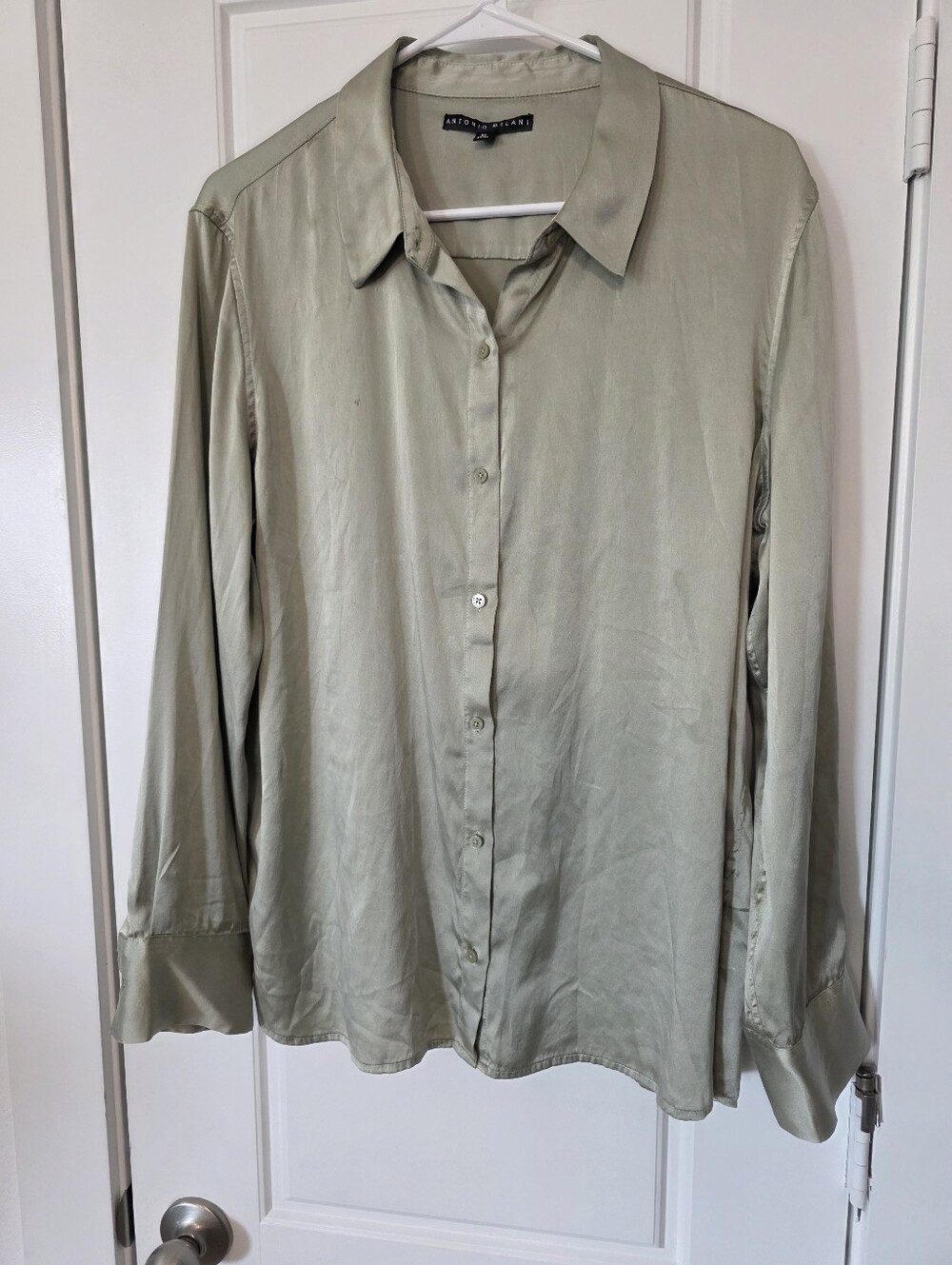 Antonio Melani Silk Button Front Shirt Sage Green XL Satin Career Office Top